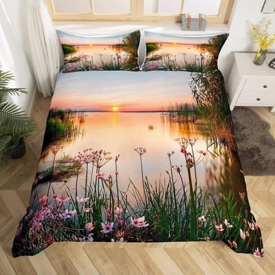 Natuurlandschap Dekbedovertrek Zonsondergang Dekbedhoes Meerlandschap Beddengoed Set Polyester Lentebloem Spreihoes King Size EU single(135x200cm)