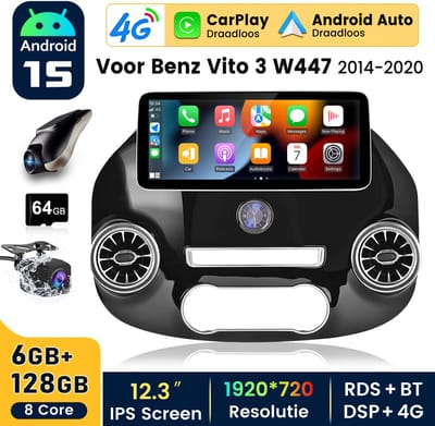 Hexinex Octa-Core autoradio Geschikt voor Benz Vito 3 W447 2014-2020 - Draadloos CarPlay, Android Auto, Androdi 15, multimediaspeler, 6GB+128GB