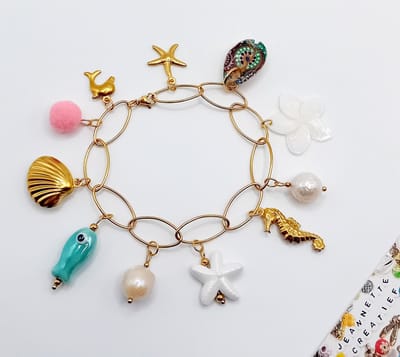 Jeannette-Creatief® - Beach - Jasseron Armband RVS Zeeleven - Bedelarmband - Armband - Vis - Zeester - Plumeria - Hawai - Zoetwaterparels - Kauri - Mermaidcore - Schelp - Zeepaard - Schelpenarmband