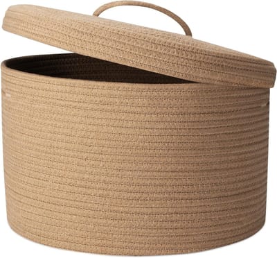 Touw Wasmand met Deksel 32L Opvouwbare Geweven Opbergmand, Holle Handgreep, Geschikt voor Woonkamer, Slaapkamer, Wasruimte, voor Kussens, Dekens, Handdoeken 40 x 25cm(Jute)