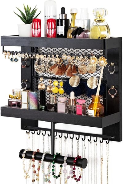 Sieraden Organizer - Juwelen Display Houder - Sieraden Opbergen - Dubbele Houten Plank - 34 cm Hoog - Zwart
