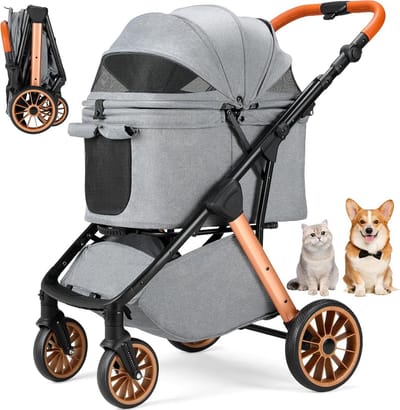 Hondenbuggy - Dierenwagen Kattenbuggy - Comfortabel Reizen - Met Eén Hand Inklapbaar - Tot 25 kg - Donkergrijs