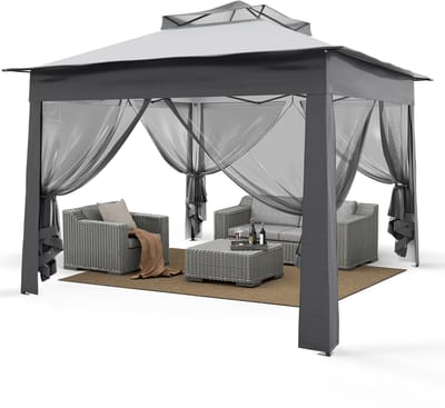 Puluomis - Tuinpaviljoen met waterafstotend dubbel dak - Gazebo met UV-bescherming - Afmetingen (LxBxH) 3x3x2.7M - Vouwpaviljoen - 4 klamboe zijpanelen - Opvouwbaar - Inclusief transporttas - Grijs