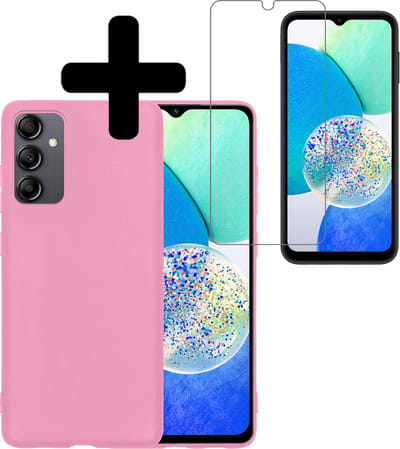 Hoesje - Met Screenprotector - Geschikt voor Samsung Galaxy A14 - Sterk & Shockproof - Back Cover - Siliconen Case - Telefoon Hoes - Telefoonhoesjes - Roze