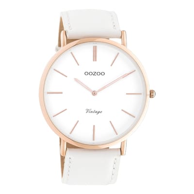 OOZOO Timepieces - Rosé goudkleurige horloge met witte leren band - C9314