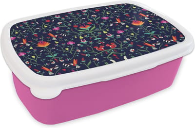 Broodtrommel Roze - Lunchbox - Brooddoos - Bloemen - Eekhoorn - Patronen - 18x12x6 cm - Kinderen - Meisje