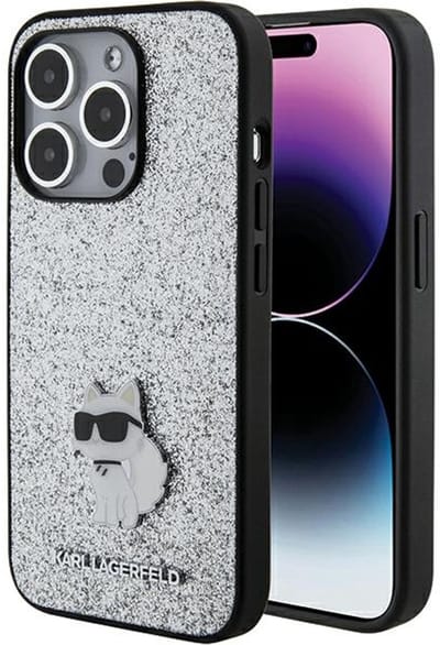 Karl Lagerfeld Choupette Serie - iPhone 15 Pro Max Hoesje - Zilver - Glitter - Luxe Ontwerp
