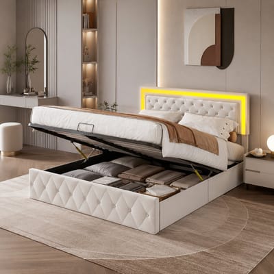Opbergbed 140x200 cm, gestoffeerd tweepersoonsbed met ledverlichting, verstelbaar hoofdeinde, met opbergruimte, bed voor volwassenen en tieners met lattenbodem, Fluweel Beige