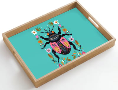 Dienblad hout 50x35 cm - Schootdienblad - Kever - Bloemmotieven - Turquoise - Bladeren - Borrelplank rechthoek - Plateau dienbladen