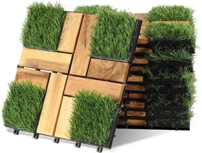 Houten tegels van acaciahout met gras, 30 x 30 cm, vloerbedekking balkon met drainagesysteem, balkontegels weerbestendig, met kliksysteem, vloerbedekking voor balkon (110 stuks = 10 m²)