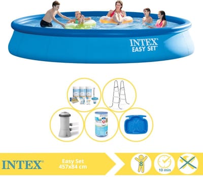 Intex Rond Opblaasbaar Easy Set Zwembad - 457 x 84 cm - Blauw - Inclusief Pomp - Onderhoudspakket - Filter - Ladder - Voetenbad - 6-delig