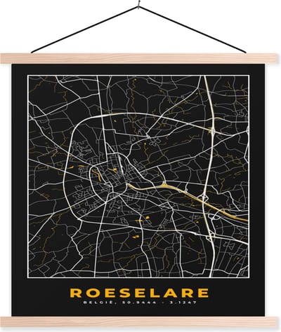 Posterhanger incl. Poster 40x40 cm - Schoolplaat - Roeselare - Kaart - Goud - Stadskaart - Plattegrond - Textielposter - Blanke latten - Stadskaart