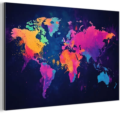 Aluminium schilderij 180x120 cm - Wanddecoratie metaal - Wereldkaart - Kleurrijk - Graffiti - Metalen muurdecoratie woonkamer - Decoratie industrieel - Foto op dibond - Industriële accessoires slaapkamer