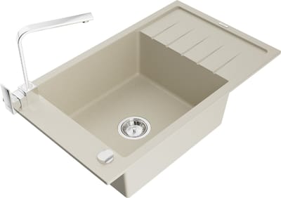 Mexen Elias granieten spoelbak 1-komers met afdruipplaat en keukenmengkraan Rita, beige - 6511-69-670300-00
