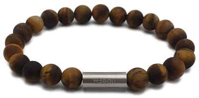 H-Beau - Handgemaakte Armband van Edelstenen - Natuurstenen - Gouden Tijgeroog Kralen - RVS Kraal - 8mm - lengte 19cm - Bruin - Oker - Mat - Heren - Uniseks - Sterrenbeeld - Horoscoop - Leeuw - Tweeling