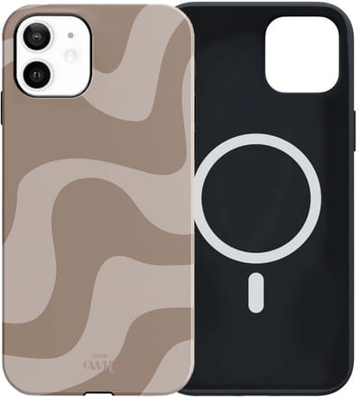 xoxo Wildhearts siliconen hoesje geschikt voor iPhone 12 MagSafe hoesje - Ride With Me Brown - Double Layer - Magnetisch telefoonhoesje - Magneet case - Backcover met dubbele bescherming - Golvenprint - Golvend patroon - Beige / Bruin