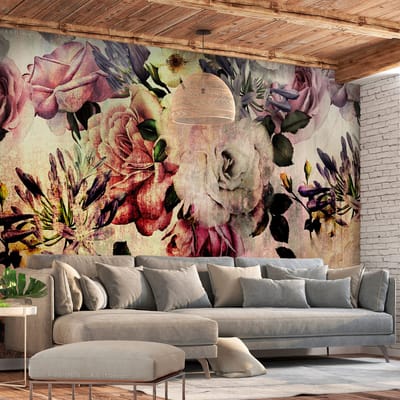 98cm X 70cm - Zelfklevend fotobehang -  Nostalgische Bloemen  , Premium Print