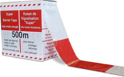 Afzetlint ROOD / WIT dispenser doos 500 mtr x 75 mm LDPE - CORONA - COVID19.