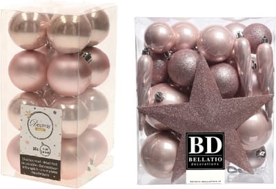 Kerstversiering kunststof kerstballen lichtroze 4-5-6-8 cm pakket van 49x stuks - Met kunststof ster piek van 19 cm