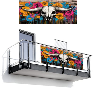 Balkonscherm 300x120 cm - Balkonposter Schedel - Bloemen - Graffiti - Balkon scherm decoratie - Balkonschermen - Balkondoek zonnescherm
