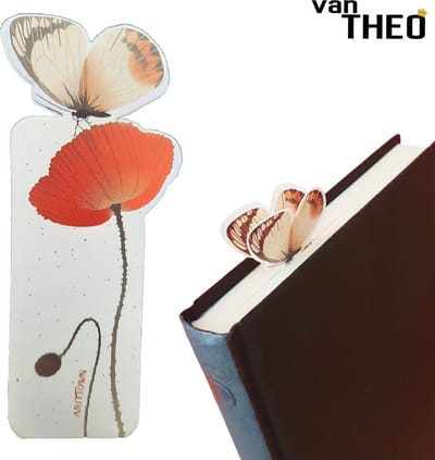 van Theo® Boekenlegger Vlinder & Bloem – Bladwijzer - Bookmark – Kaartje – Klaproos - Kleine Cadeautjes