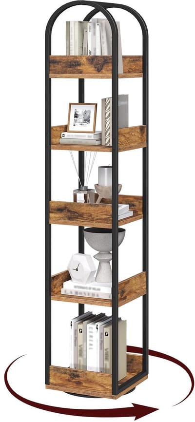 5-laags draaibare boekenplank met randbescherming, hoekplank, displaystandaard, vrijstaande opbergplank, voor woonkamer, studeerkamer, thuiskantoor, vintage bruin ABKHR3501