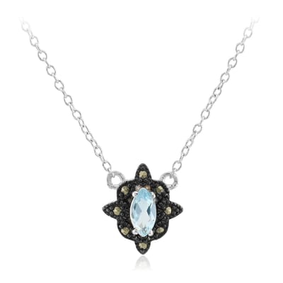 Cavill - Zilveren Halsketting 925 Sterling Zilver Gerhodineerd - Hemelsblauwe Marquise Topaas 0,258 ct - Marcasiet Accenten - Elegante Dames Sieraden