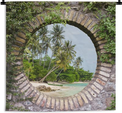 Wandkleed - Wanddoek - Palmbomen - Tropisch - Doorkijk - Strand - 180x180 cm - Wandtapijt