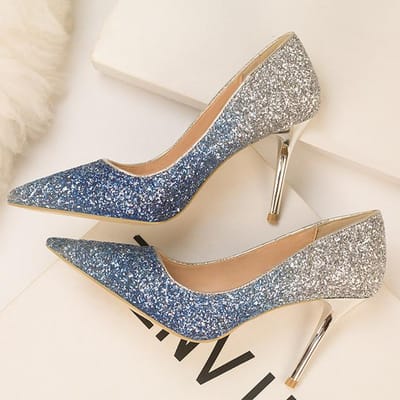 Vrouwen 9cm hoge hakken glitter scarpins pailletten stiletto hakken pumps dame bruiloft bruids gradiënt bling blauwe escarpins feest schoenen 36 blauw
