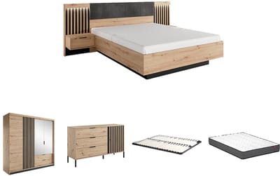 Vente-unique Set bed met nachtkastjes 160 x 200 cm + bedbodem + matras + ladekast + kast - Kleur: naturel en zwart - ARIADA