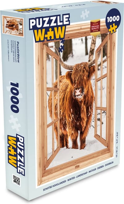 Puzzel Schotse Hooglander - Winter - Landschap - Natuur - Dieren - Doorkijk - Legpuzzel - Puzzel 1000 stukjes volwassenen