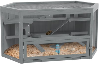 Merax Hamsterkooi 3 Verdiepingen – Zeshoekig Houten Kooi Met Openklapbaar Dak – Muizenkooi Met Ramen En Loopplank – Voor Hamsters Ratten Kleine Knaagdieren – 115 x 60 x 55 cm – Grijs