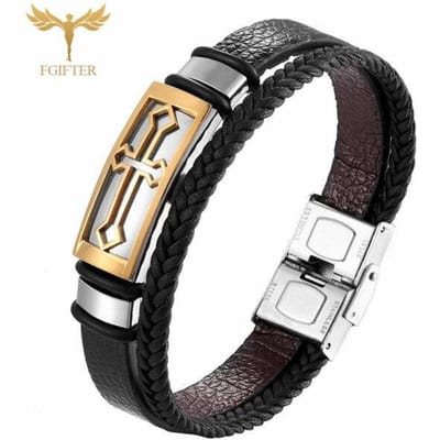 Bracelet croisé Vintage en cuir pour hommes et femmes, Double couche, bijoux à main, Bracelets religieux, fermoir en acier inoxydable, 17-23cm 23cm black