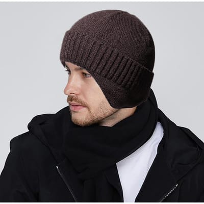 Heren Dames Winter gebreide muts Warme fleece oorkleppen Winddicht Outdoor Sport Fietsen Beanie Hat koffie
