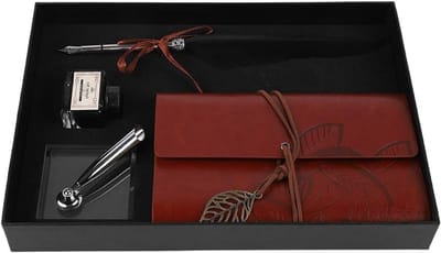 Retro vulpen set met inktfles en klassiek leren notitieboek - Perfect als cadeau voor Valentijnsdag, schrijfliefhebbers en vintage fans