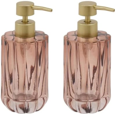 5five Zeeppompje / zeepdispenser Florea - 2x - roze transparant - 300 ml - Luxe stijl bewerkt glas - badkamer - keuken - toilet