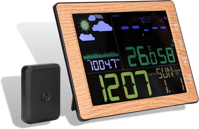 Digitaal Weerstation - Weermonitor Hygrometer - Binnen Buiten Meten - WiFi Kleurenscherm - 21.5x16x3cm - Houtnerf