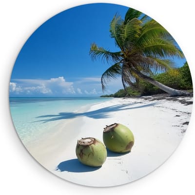 Saammp Muurcirkel Hout - Strand met kokosnoten - Zee - Ø 90 - Wandcirkel - Wanddecoratie Cirkel - muurdecoratie Woonkamer - Slaapkamer decoratie - Rond Schilderij