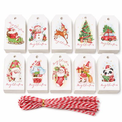 50 Kerst Kraft Karton Cadeau Labels met 50 Jute Touwtjes - Kartonnen Kerstkaarten - Cadeaulabels Kerstmis Versiering Maken - Kerstversiering Decoratie voor Binnen - Kleine Kraftpapier Etiketten - Prijskaartjes\Prijslabels Koord