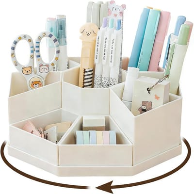 Dailygoods- Pennenhouder 360 Graden Draaibaar - Bureau Organizer - Grote Capaciteit - 9 Vakken - Voor Kantoor/Thuis - Kunststof, Blanco - Pennenbak