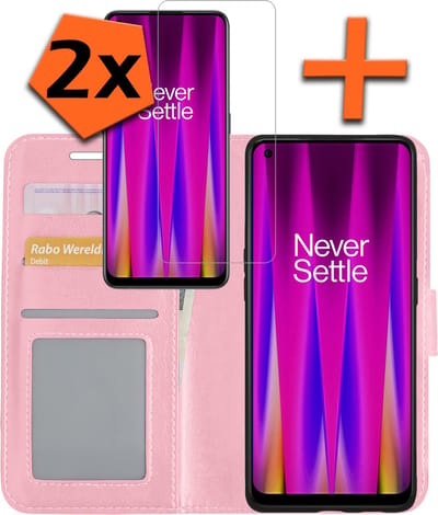 Hoes - Met 2x Screenprotector - Geschikt voor OnePlus Nord CE 2 - Luxe Pasjeshouder - Bookcase Portemonee - Flip Case - Kunstleer Book Case - Flipcase Hoes - Book Cover - Walletcase - PortemonneeHoes - Lichtroze