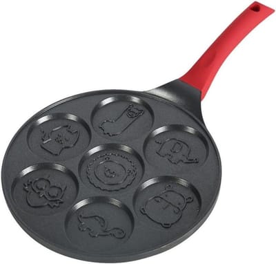 Pannenkoekenpan met Vormen - Wafelijzer Bakplaat - Leuke Ontbijtjes Maken - 7 Dieren Vormen Tegelijk - 26 cm Diameter - Rood
