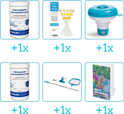 Zwembad Onderhoudspakket - Onderhoud Zwembad - bevat Chloor - Testrips - Chloordrijver - Chloor - Schoonmaakset en Zwembadgids (6-delig)