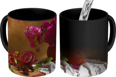 Magische Mok - Foto op Warmte Mokken - Koffiemok - Rustiek - Bloemen - Roze - Vaas - Stilleven - Magic Mok - Beker - 350 ML - Theemok