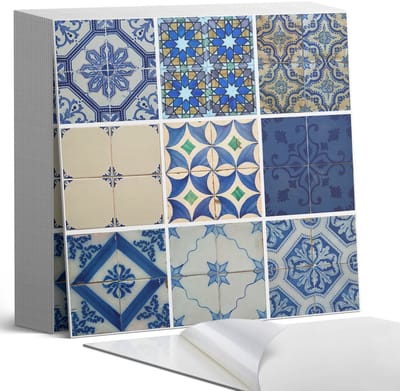 Coloray Plaktegels - Keramische tegelpatronen Zelfklevende Tegels - 20 cm x 20 cm - Blauw Plaktegels - 20 stuks - Vierkant PVC Tegels - Plaktegels Badkamer - Plaktegels Vloer - Vinyl Tegels Zelfklevend - Wandtegel Zelfklevend