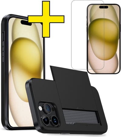 Hoesje Geschikt voor iPhone 15 Pro Hoesje Case Pashouder Hard Cover Met Screenprotector - Hoes Geschikt voor iPhone 15 Pro Hoesje Met Kaarthouder - Zwart