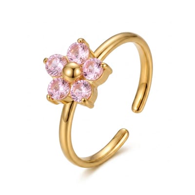 Lundholm Romy Ring Dames Goudkleurig – Premium Stainless Steel Gold PVD Plated – Verstelbare Bloem Ring met Roze Steen – One Size Ring Dames – Waterproof & Hypoallergeen – Romantische Statement Ring – Cadeau voor Haar