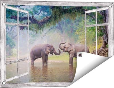 Gards Tuinposter Doorkijk Twee Olifanten in het Water - 60x40 cm - Tuindoek - Tuindecoratie - Wanddecoratie buiten - Tuinschilderij