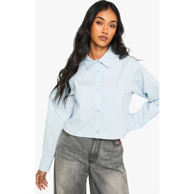 boohoo Dames Katoenen popline cropped overhemd | Baby Blue | Maat: 6