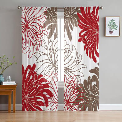 Bloemen Rode Chrysant Transparante Gordijnen voor Woonkamer Decoratie Raamgordijnen voor Keuken Tule Voile Organza Gordijnen W135 x H115cm x1 white